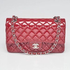 Chanel Red Quilted Patent Leather Classic Medium Double Flap Bag